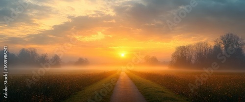 Peaceful sunrise over foggy meadow with a narrow path leading toward the glowing horizon surrounded by trees under a partly cloudy sky