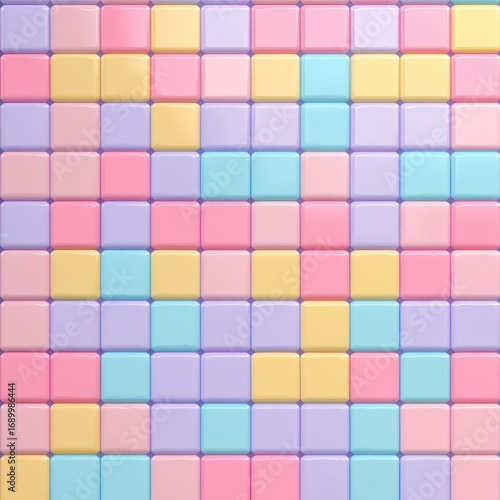 Smooth glossy pastel colored square tiles arranged in a neat grid pattern with soft pink, purple, blue, and yellow hues creating a calming and playful atmosphere