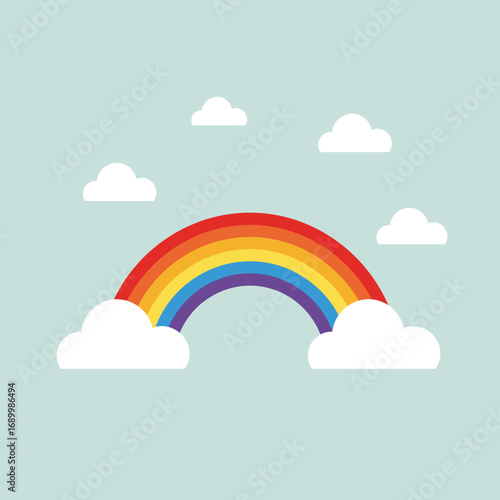 A colorful rainbow arching over fluffy clouds against a light blue background.