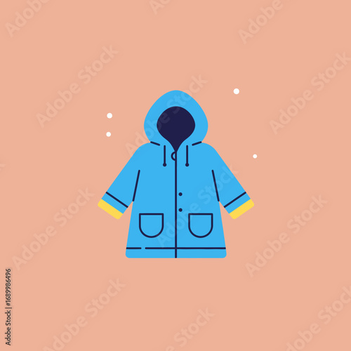 A blue hooded raincoat with pockets, designed for protection against wet weather.