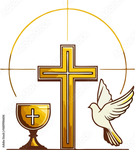 Golden Cross, Chalice, and Dove – Catholic Eucharist Symbols Vector Illustration