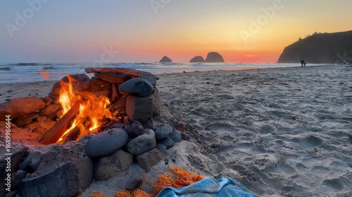 Stationary Shot Of Beach Bonfire At Sunset On Oregon Coast