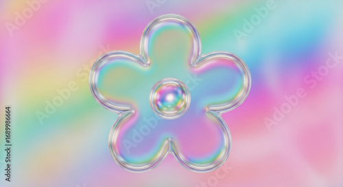 A holographic flower with a rainbow gradient and a shiny, iridescent surface, creating a dreamy and ethereal aesthetic on a pastel background