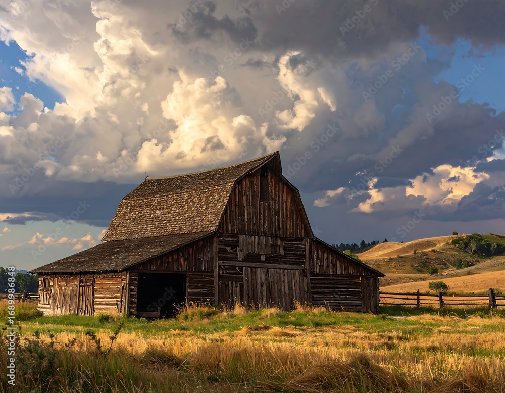 Fototapeta premium Rustic wooden barn under dramatic sky