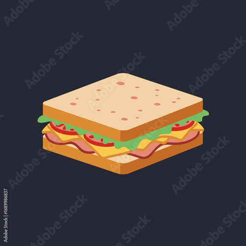 A colorful sandwich with layers of meat, cheese, and vegetables.