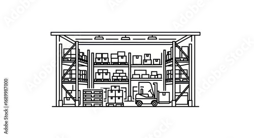 Warehouse interior with stacked boxes and forklift.