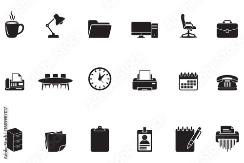 Office Icons Set Vector Black Silhouette Symbols for Work and Business