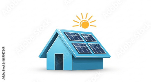 A blue house with solar panels on the roof and a sun in the background, representing sustainable energy and ecofriendly living