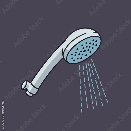 A showerhead with water droplets, designed for bathing and hygiene purposes.