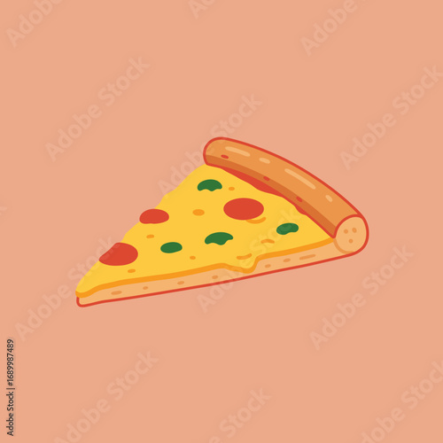 A slice of pizza featuring cheese, pepperoni, and green peppers on a simple background.