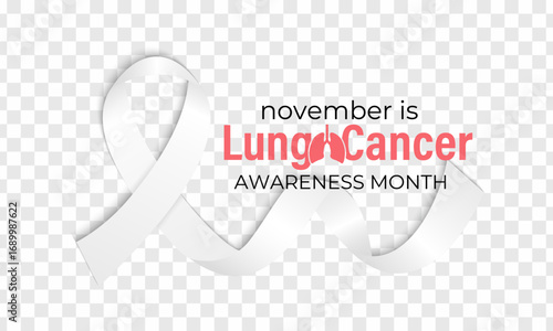 Lung Cancer Awareness Month in November highlights prevention, early detection, treatment, and support for those affected. White ribbon and  two  organ lungs. healthcare and medicine concept poster.