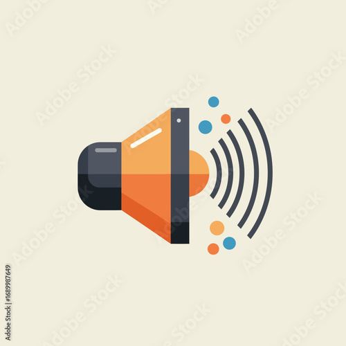 A stylized speaker emitting sound waves and colorful dots.