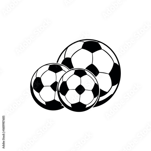 Three soccer balls of varying sizes arranged together in a graphic depiction
