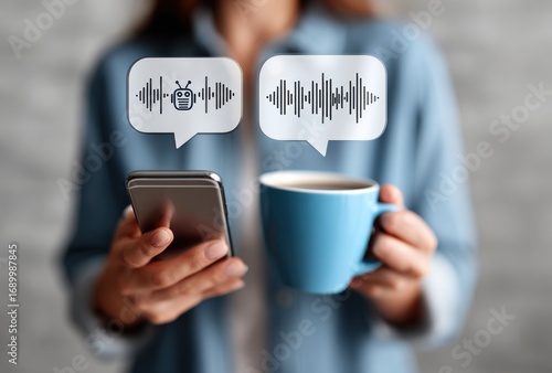 A person holds a phone and a blue mug, with soundwave speech bubbles above, implying communication and media consumption