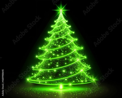 Vibrant neon green christmas tree glowing with festive holiday lights and sparkle