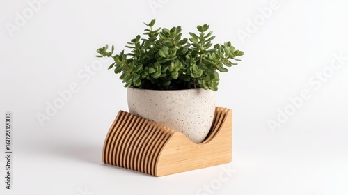 Potted succulent in a speckled ceramic pot rests on a light wood, geometric stand, on a white background. Clean, minimalist composition