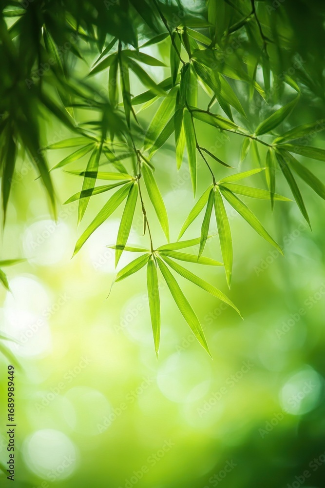 Naklejka premium Close-up of fresh green bamboo leaves with sunlight shining through, creating a calm and serene natural atmosphere