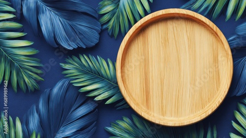 Tropical frame Wood circle surrounded by layered blue-green palm fronds against a dark blue background, offering a space for text or display