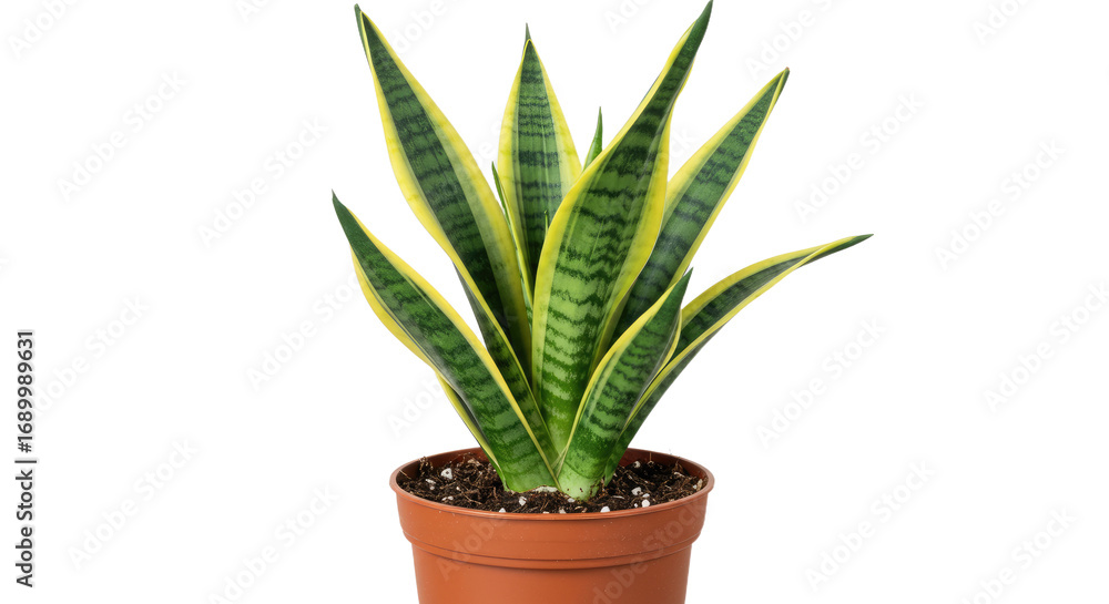 Fototapeta premium Closeup of a Potted Snake Plant with Yellow and Green Stripes.