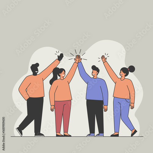 A group of four diverse people celebrating with high fives.