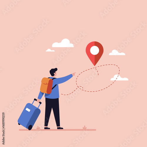 A traveler with a suitcase points towards a location marker in a stylized landscape.