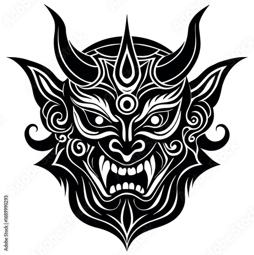 Highly ornate stylized demonic oni mask illustration