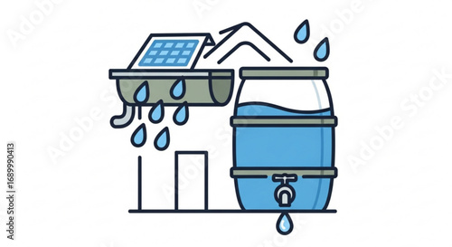 Rainwater harvesting system with solar panel, promoting sustainability and renewable energy