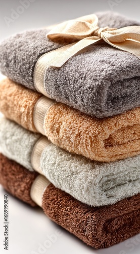 Stack of four soft, neatly folded towels in earth tones, held together by a light ribbon and shot on a bright white background