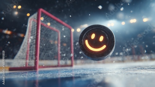 Hockey puck with a smiley face hovers over icy rink with goal and lights blurred in background, creating a fun, stylized image