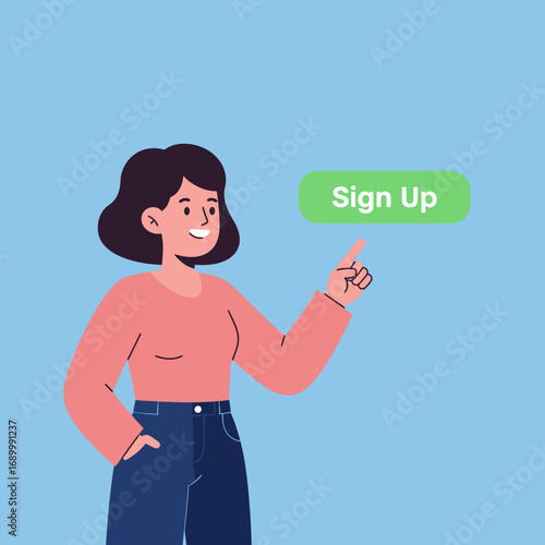 A woman pointing at a "Sign Up" button, promoting engagement or registration.