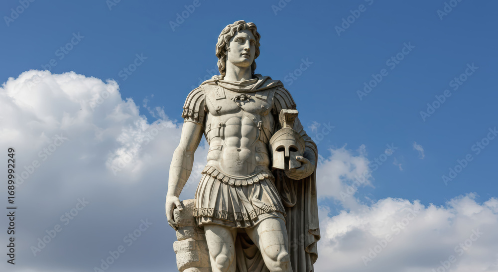 Naklejka premium Marble Statue of Alexander the Great an Ancient Warrior, Symbolizing Classical Heroism, Strength, and Military Leadership in Antiquity