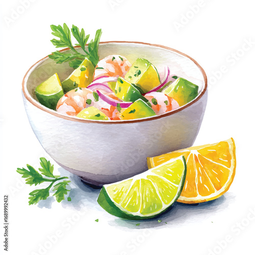Watercolor Illustration of Fresh Shrimp Ceviche with Citrus and Herbs
