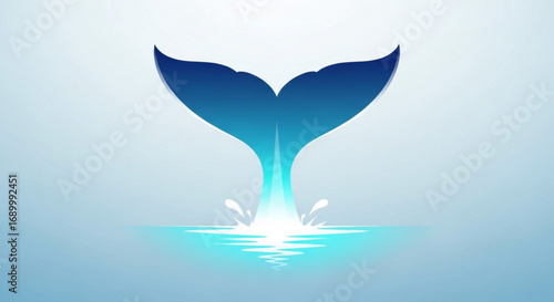 A blue whale tail rises from the ocean with water splashing around it, creating a captivating and dynamic marine scene