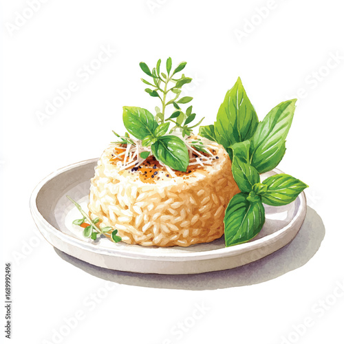 Watercolor Illustration of Gourmet Risotto with Fresh Basil and Herbs on a Plate