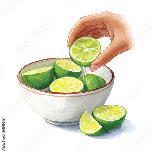 Watercolor Illustration of Hand Squeezing Lime Juice into a Bowl of Limes