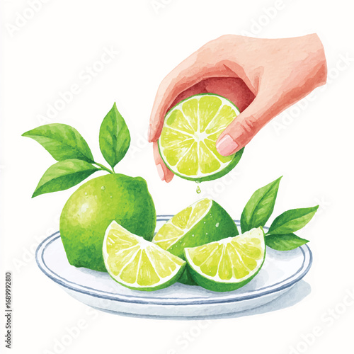 Watercolor Illustration of Limes Hand Squeezing Juice and Plate Arrangement