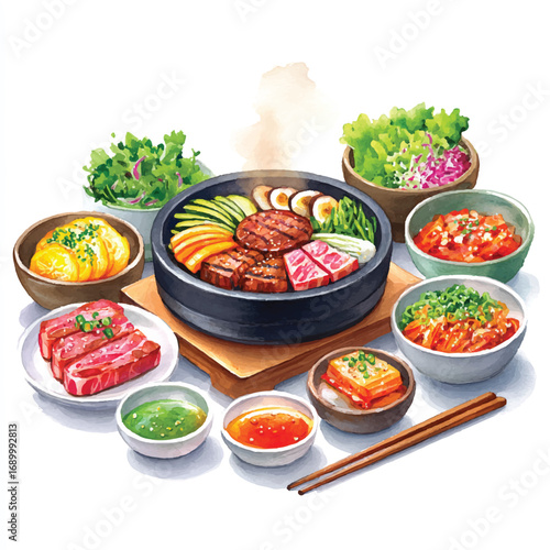 Watercolor Illustration of Korean BBQ Feast with Sides