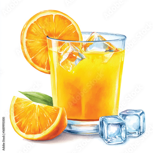 Watercolor Illustration of Refreshing Orange Juice with Ice and Fruit
