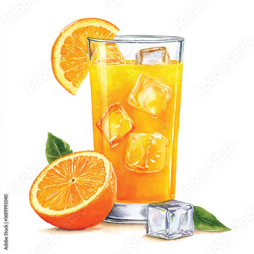 Watercolor Illustration of Refreshing Orange Juice with Ice Cubes and Orange Slices