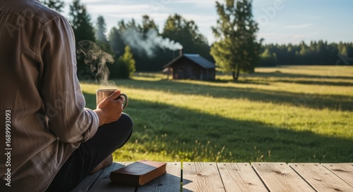 Peaceful Morning Coffee on Porch, Rustic Cabin View