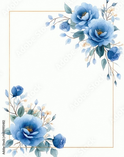 Delicate watercolor blue flowers with soft green leaves and small beige buds arranged at top right and bottom left corners of a minimalist gold rectangular frame on white background