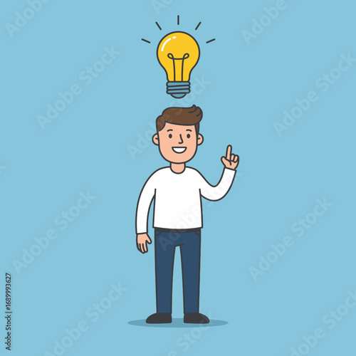 A cheerful person with a lightbulb above their head, symbolizing an idea or inspiration.