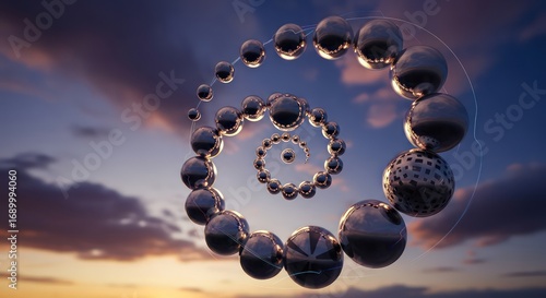 Metallic Spheres Spiral Against Sunset Sky
