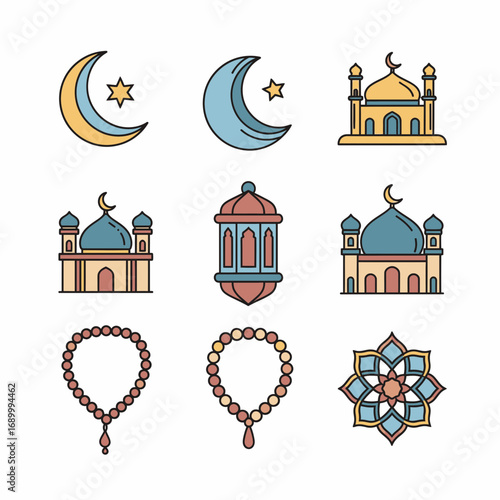 Islamic Symbols and Religious Elements Icon Set.