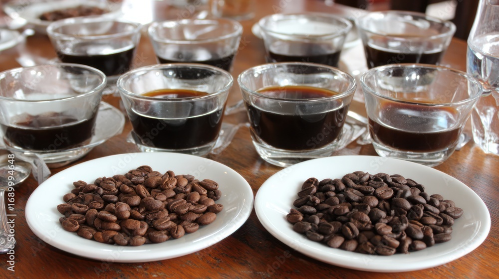Fototapeta premium Coffee Tasting Setup with Multiple Cups of Black Coffee and Two Plates of Coffee Beans