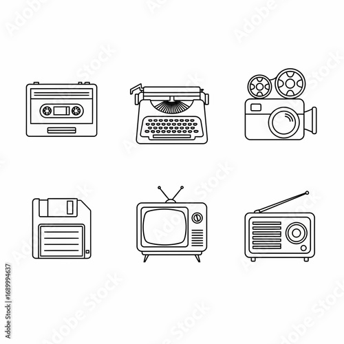 Vintage Technology and Media Outline Icon Set.