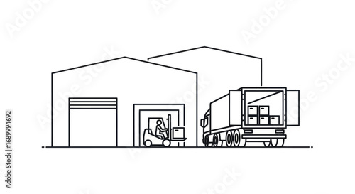 Warehouse exterior with forklift loading boxes onto a truck.