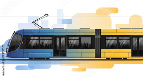 Modern tram, showcasing urban transportation with sleek design and vibrant colors, ideal for city travel illustration