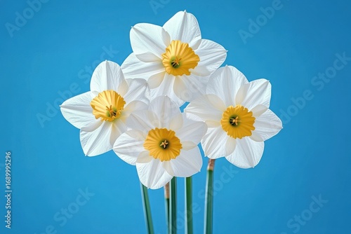 Cluster of four white and yellow daffodil flowers against a clear blue background, evoking freshness and springtime beauty