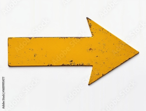 worn yellow metal arrow pointing right on a white textured background